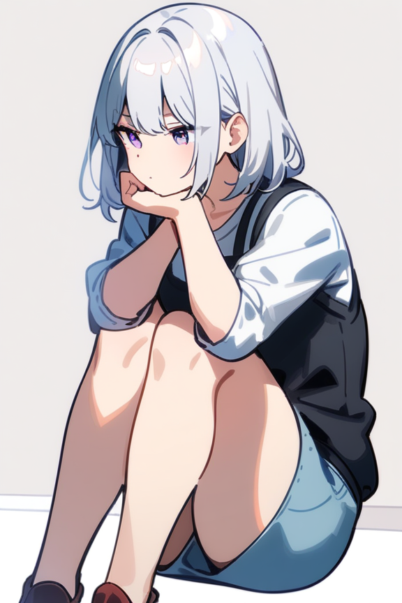 肘を膝に乗せる体育座りのプロンプト