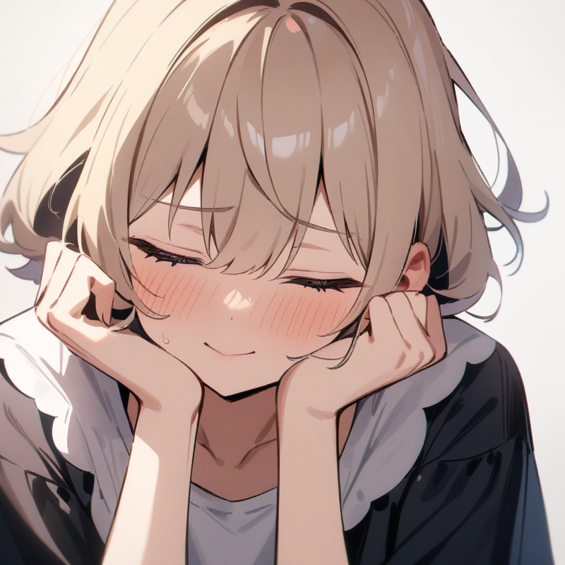 目を伏せる照れ笑いのプロンプト