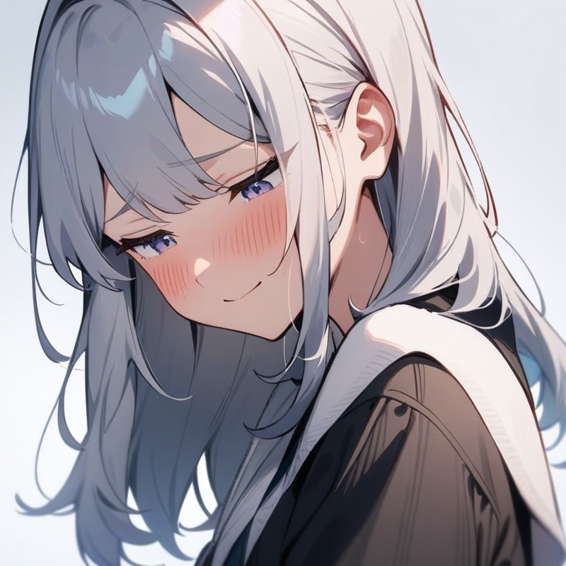 口元だけ緩む照れ笑いのプロンプト