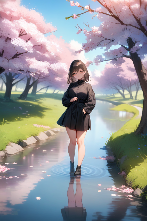 川沿いの桜並木のプロンプト